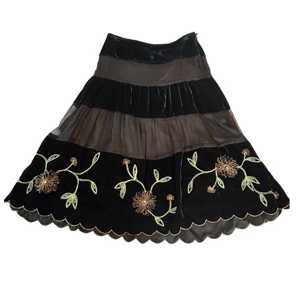 Anne Carson Vtg 90s Witchy Velvet Silk Tiered Embroidered Midi Skirt Size S/M